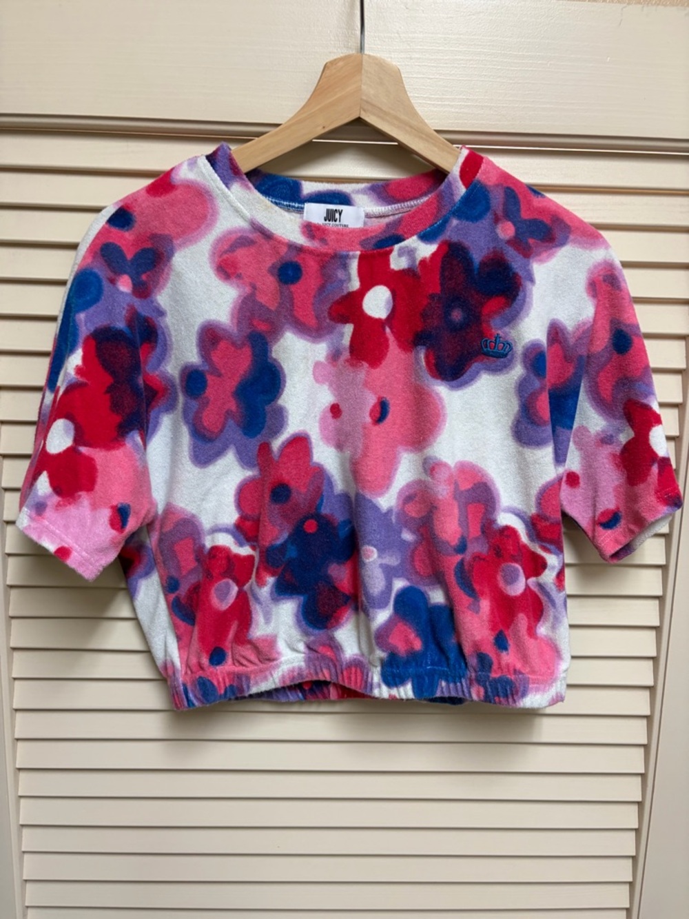 Juicy Couture Women’s Floral Terry Cloth Crop Top Crown Logo Pink Blue Size M